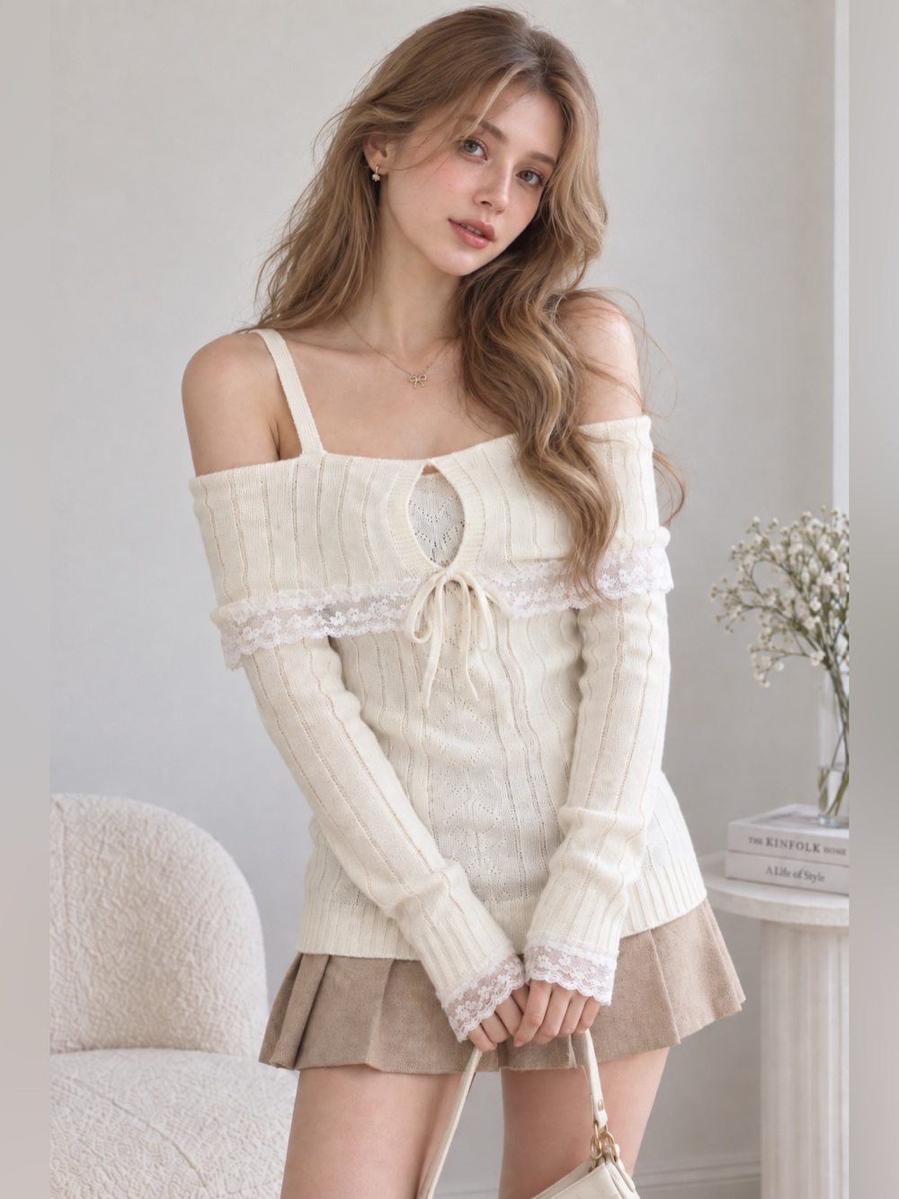 Ladies Cream Lace Ribbon Off-Shoulder Ribbed Sweater Dainty Feminine Victorian